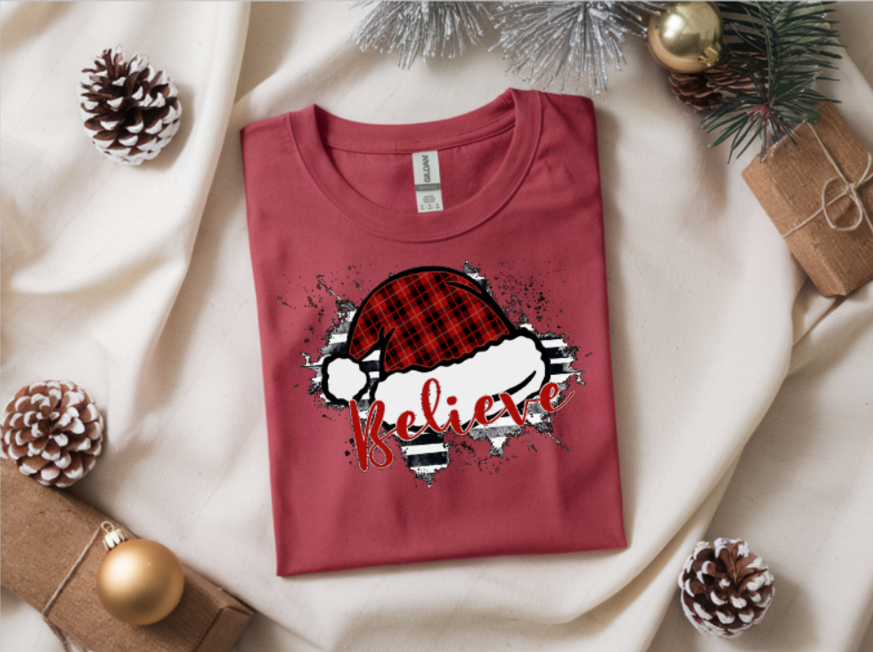 Believe Christmas Santa Hat Graphic T-Shirt