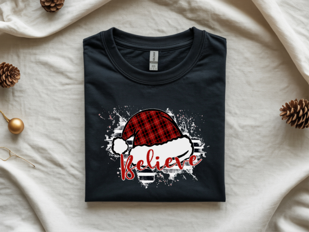 Believe Christmas Santa Hat Graphic T-Shirt