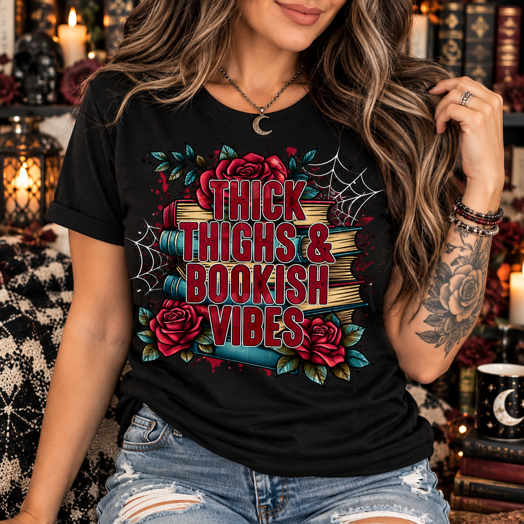 Thick Thighs & Bookish Vibes | Gothic Book Lover Graphic Tee
