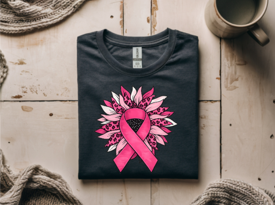 Breast Cancer Awareness Floral Ribbon Graphic T-Shirt