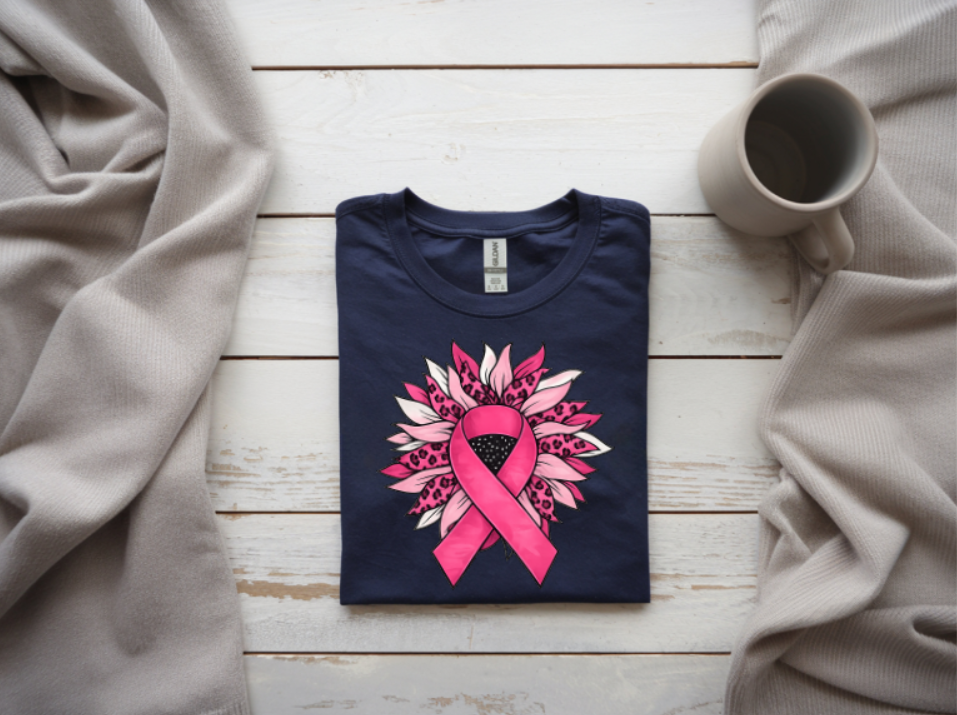 Breast Cancer Awareness Floral Ribbon Graphic T-Shirt