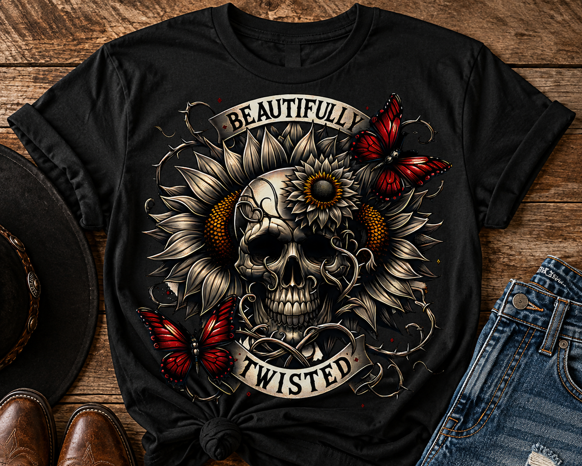 Beautifully Twisted Skull & Sunflower Shirt
