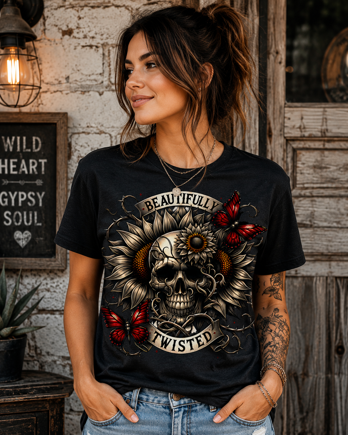 Beautifully Twisted Skull & Sunflower Shirt