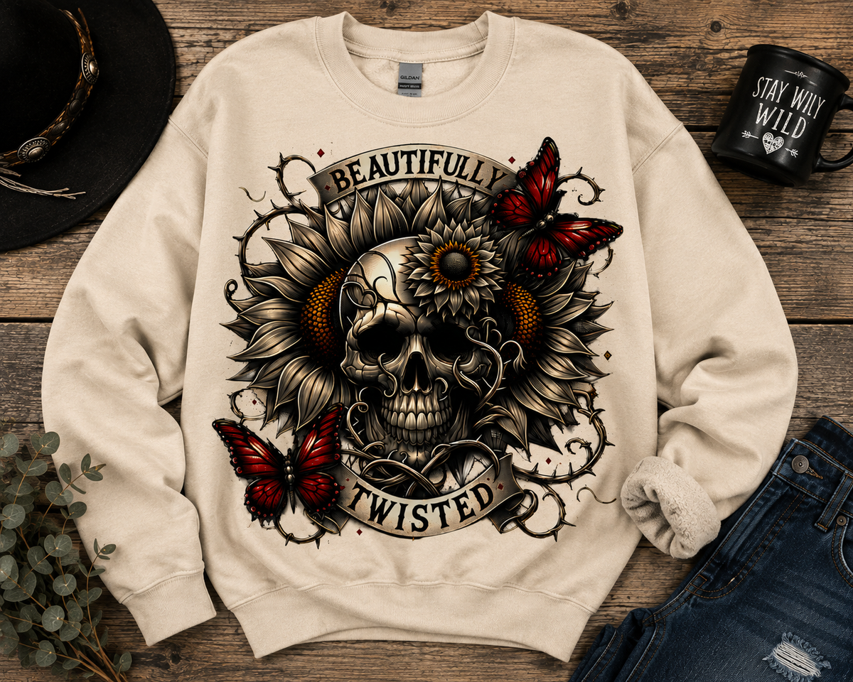 Beautifully Twisted Skull & Sunflower Crewneck Sweatshirt,