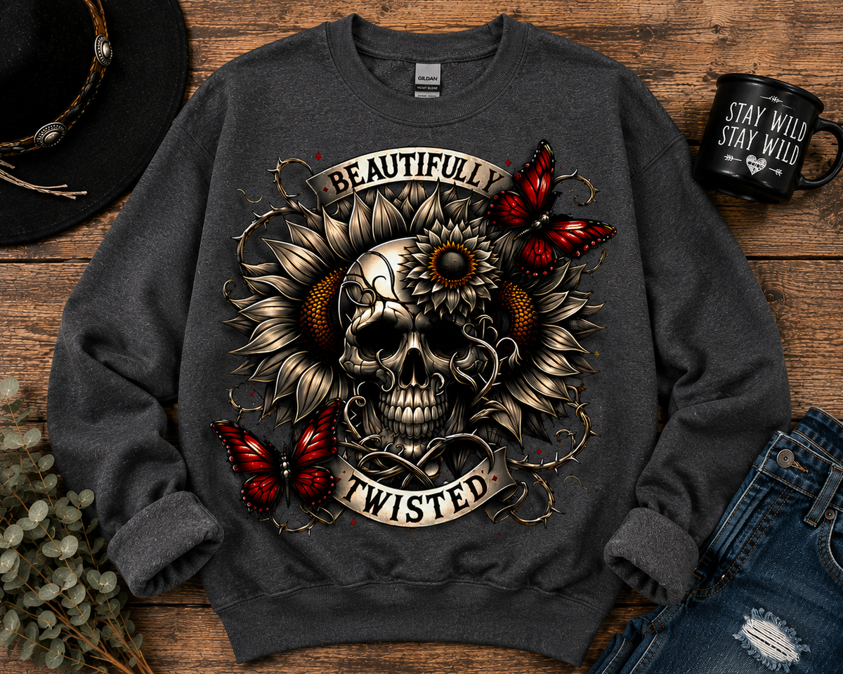 Beautifully Twisted Skull & Sunflower Crewneck Sweatshirt,