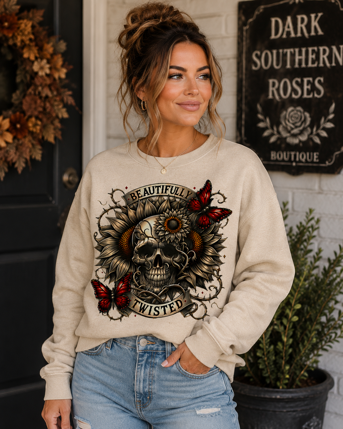 Beautifully Twisted Skull & Sunflower Crewneck Sweatshirt,