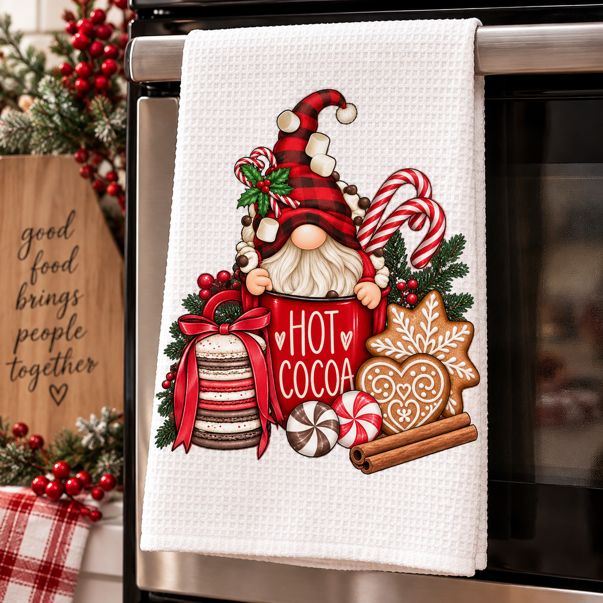 Hot Cocoa & Gnome Christmas Waffle Weave Kitchen Towel
