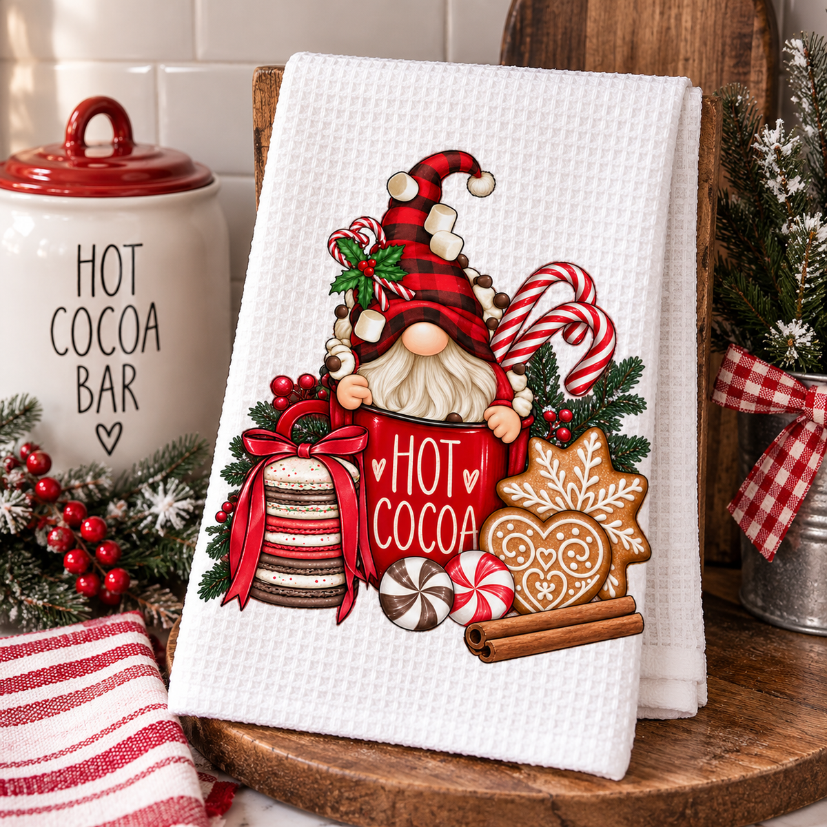 Hot Cocoa & Gnome Christmas Waffle Weave Kitchen Towel