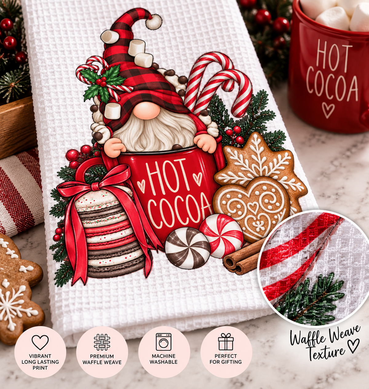 Hot Cocoa & Gnome Christmas Waffle Weave Kitchen Towel