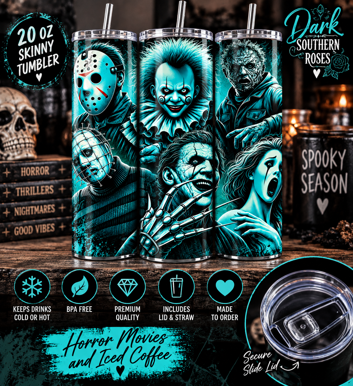 Horror Movie 20oz Skinny Tumbler – Slasher Horror Cup