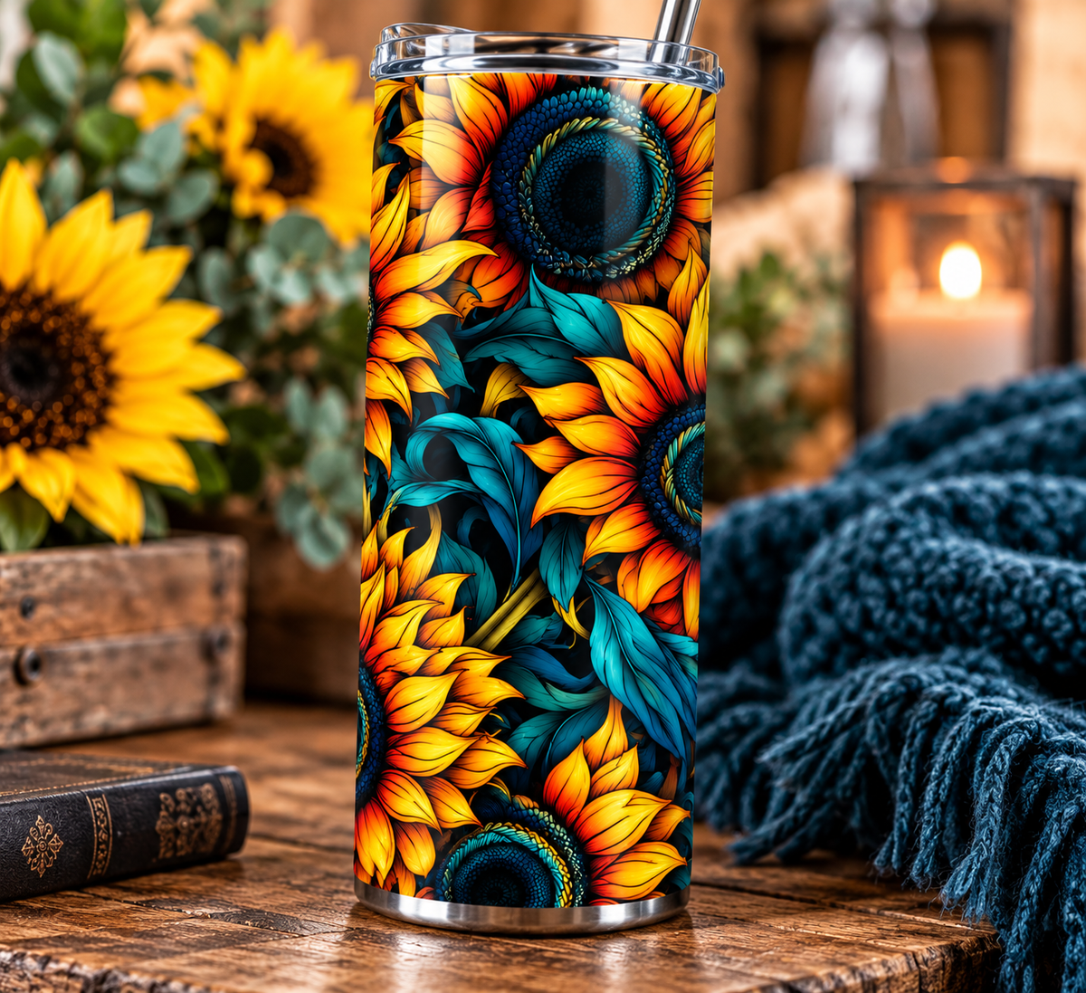 Dark Sunflower Floral 20oz Tumbler
