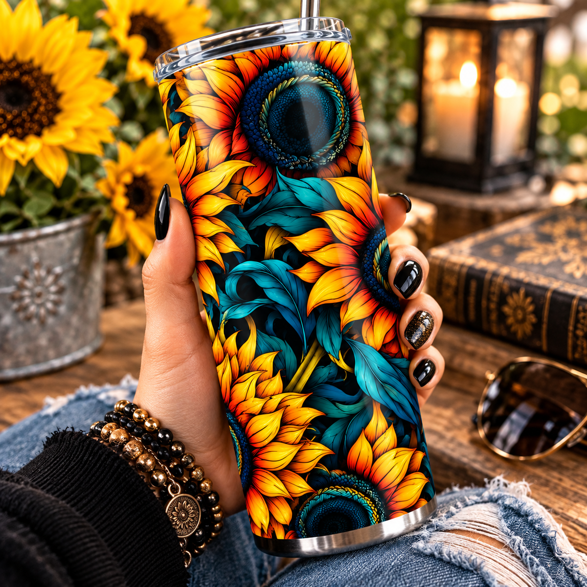 Dark Sunflower Floral 20oz Tumbler