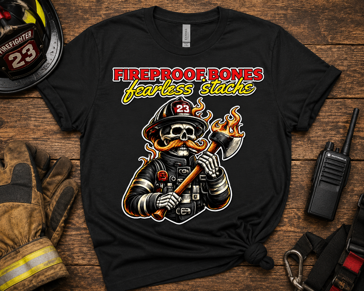 Fireproof Bones Fearless Stache Firefighter Graphic T-Shirt