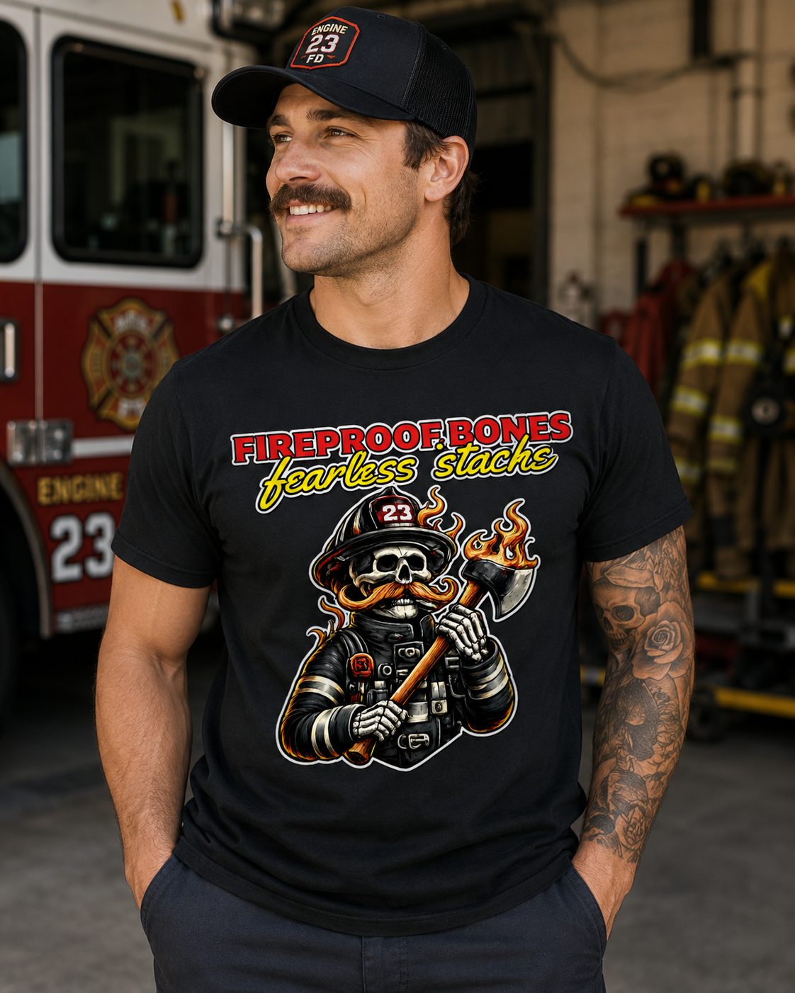 Fireproof Bones Fearless Stache Firefighter Graphic T-Shirt