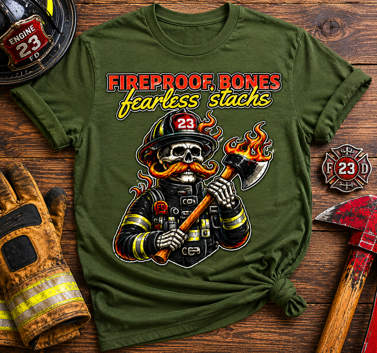 Fireproof Bones Fearless Stache Firefighter Graphic T-Shirt