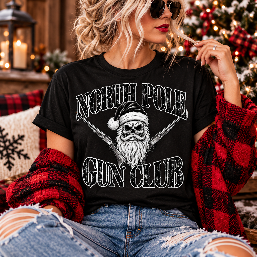 North Pole Gun Club | Skull Santa Christmas Graphic Tee