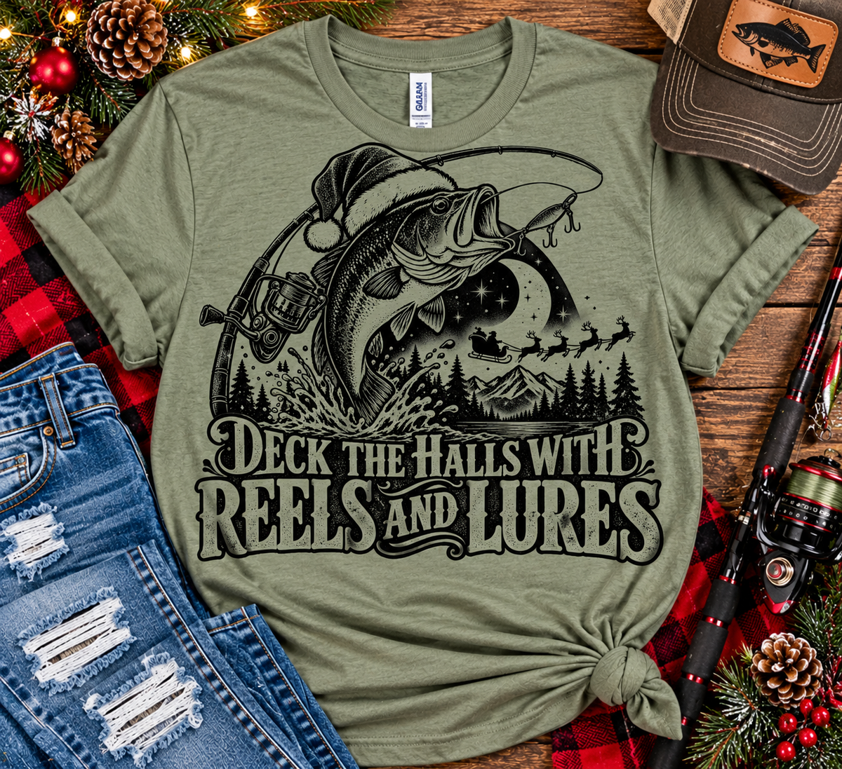 Deck the Halls With Reels and Lures Fishing Christmas Tee