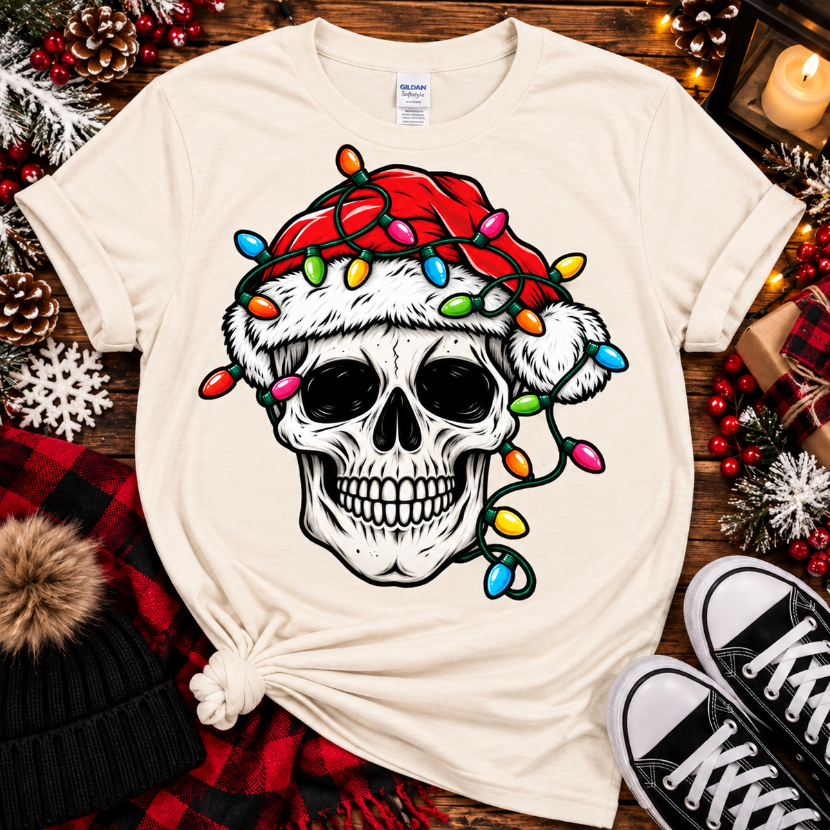 Santa Skull Christmas Lights | Gothic Holiday Graphic Tee