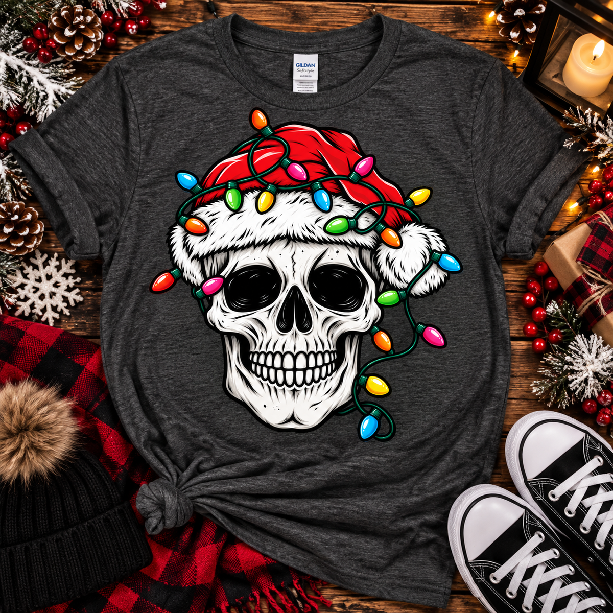 Santa Skull Christmas Lights | Gothic Holiday Graphic Tee