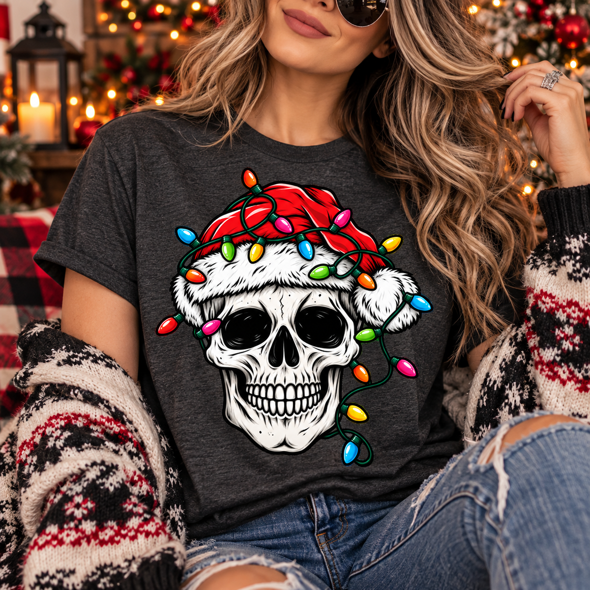 Santa Skull Christmas Lights | Gothic Holiday Graphic Tee