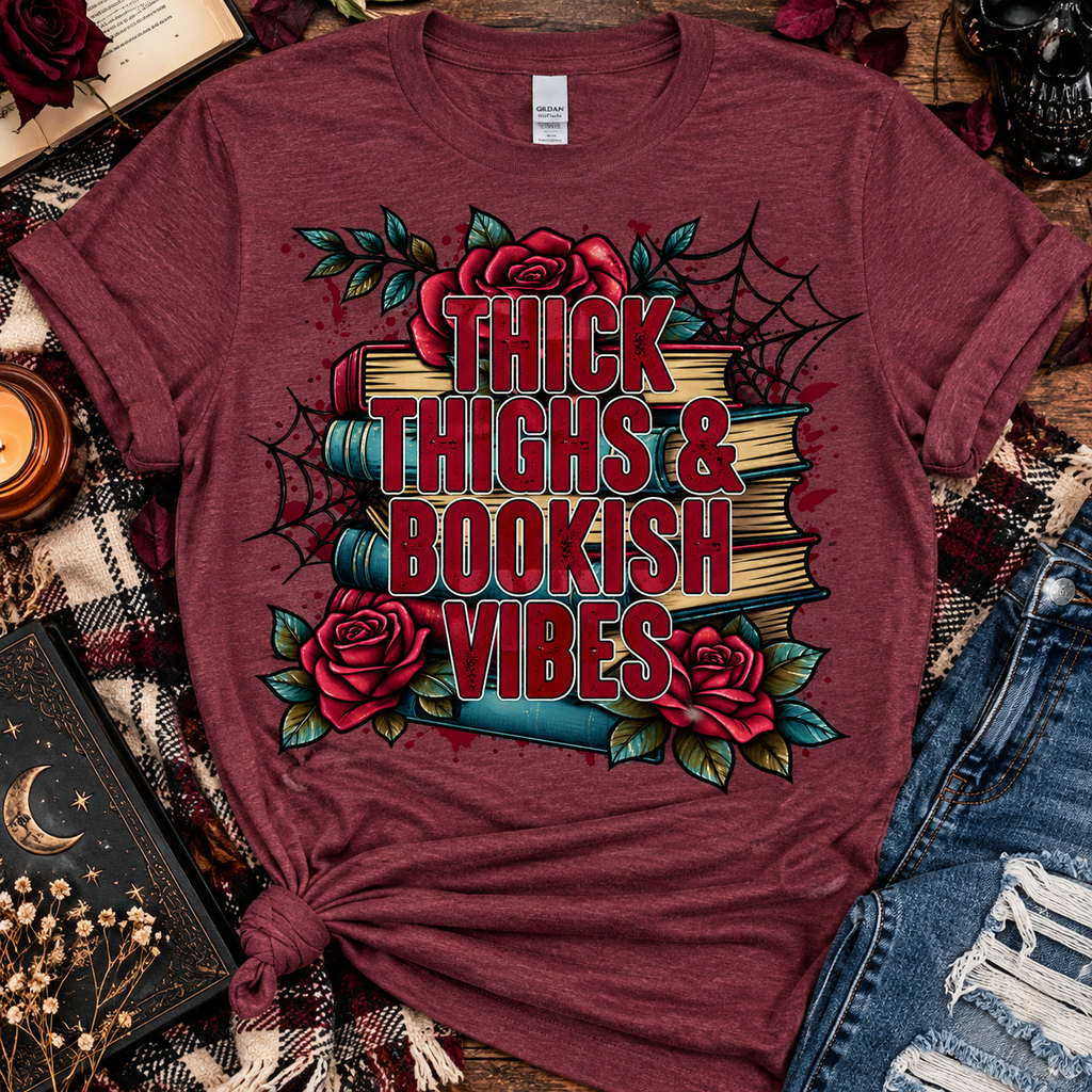 Thick Thighs & Bookish Vibes | Gothic Book Lover Graphic Tee