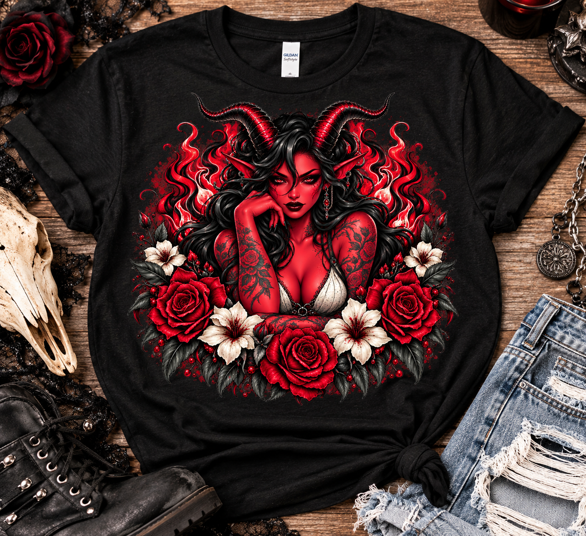 Crimson Demon Girl Gothic Graphic Tee