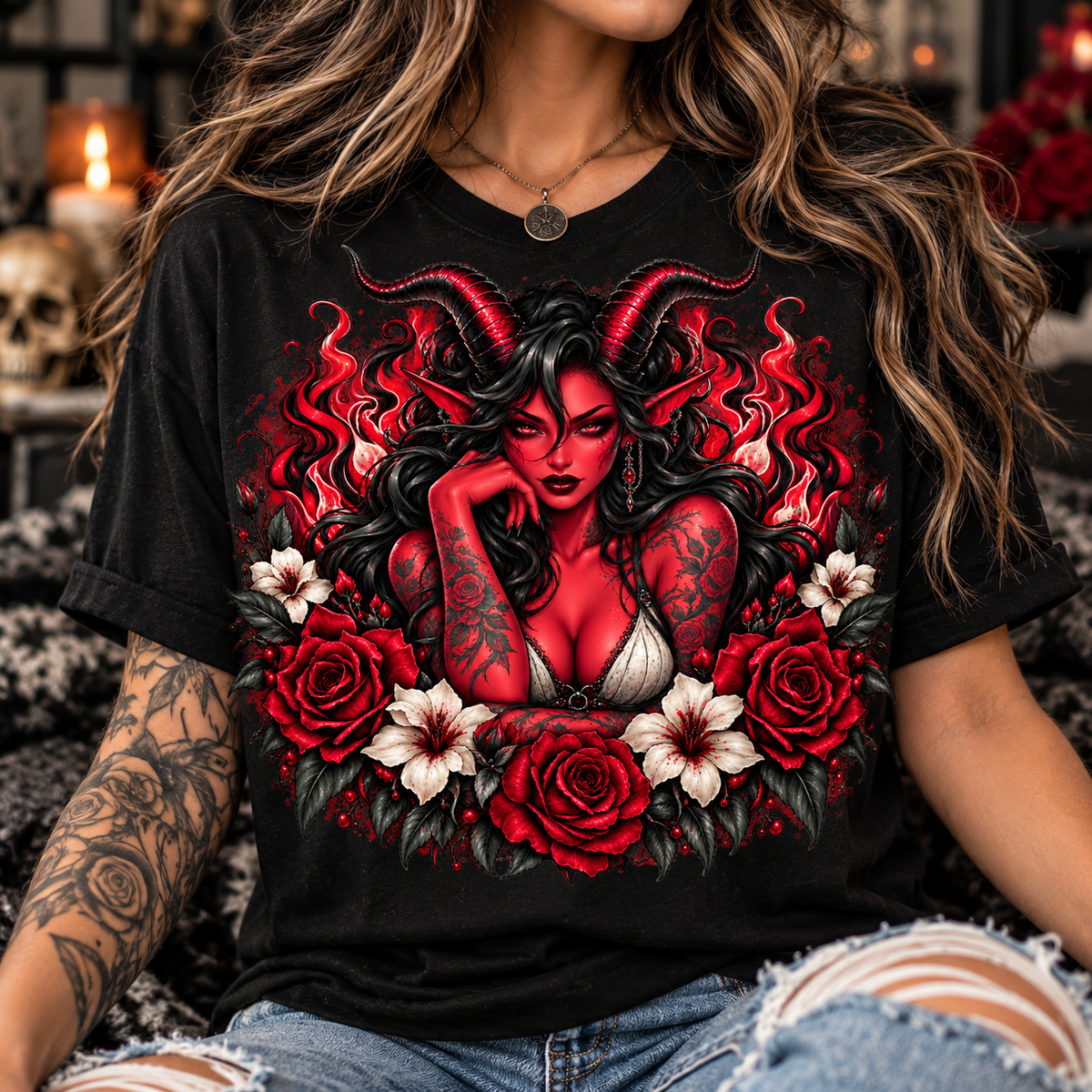 Crimson Demon Girl Gothic Graphic Tee