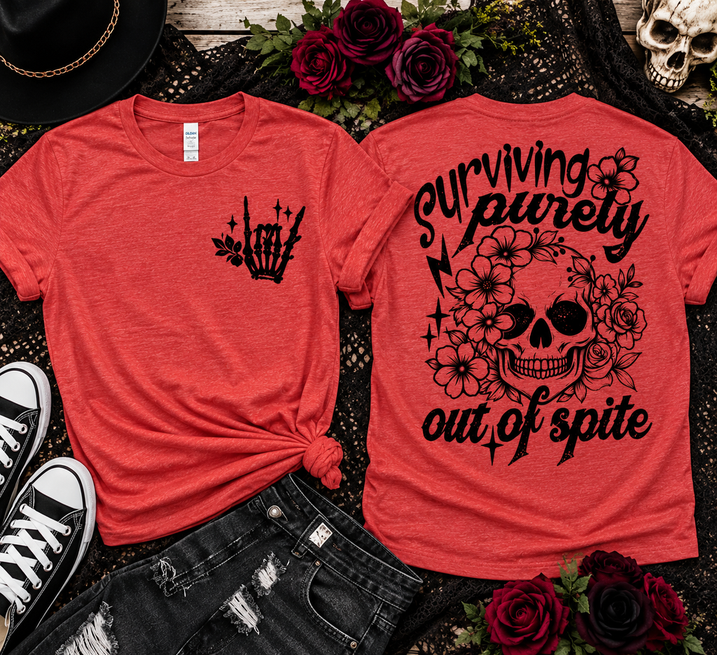 Surviving Purely Out of Spite Graphic Tee | Gothic Floral Skull Shirt
