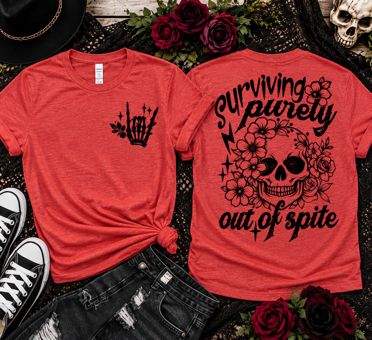 Surviving Purely Out of Spite Graphic Tee | Gothic Floral Skull Shirt