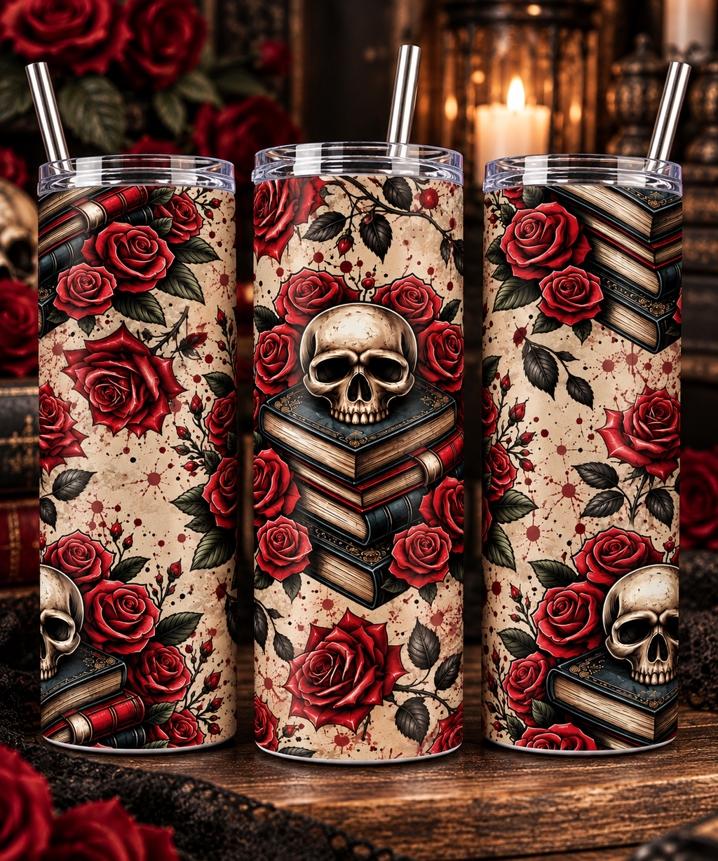 Gothic Skull & Roses Tumbler | 20 oz Dark Academia Book Lover Cup