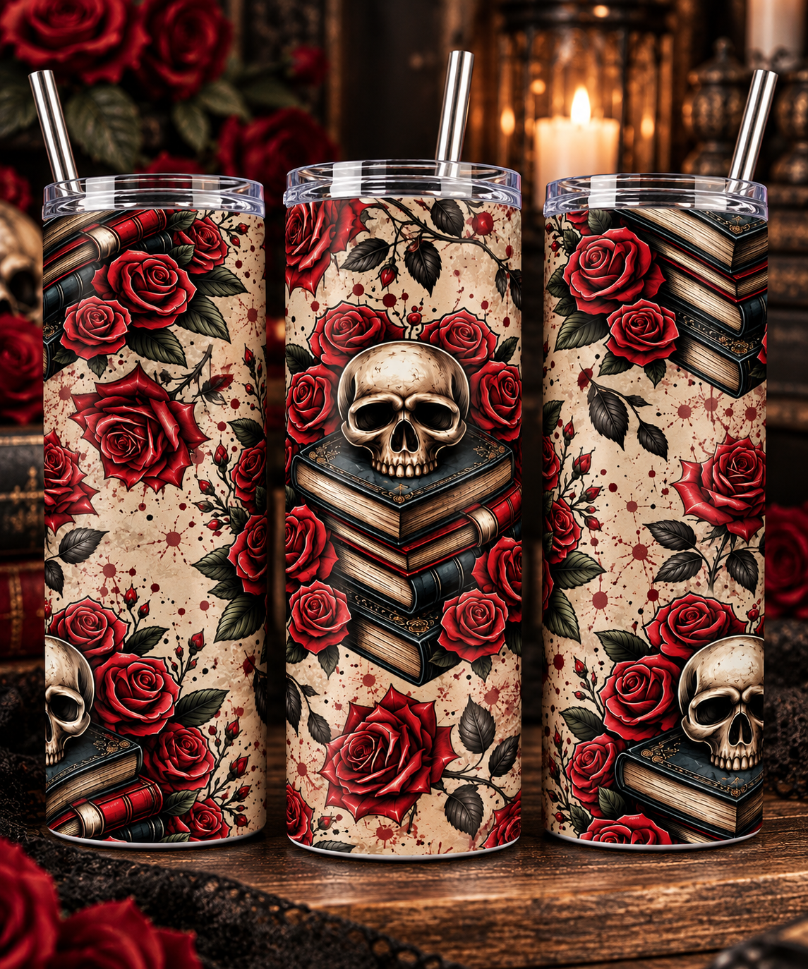 Gothic Skull & Roses Tumbler | 20 oz Dark Academia Book Lover Cup