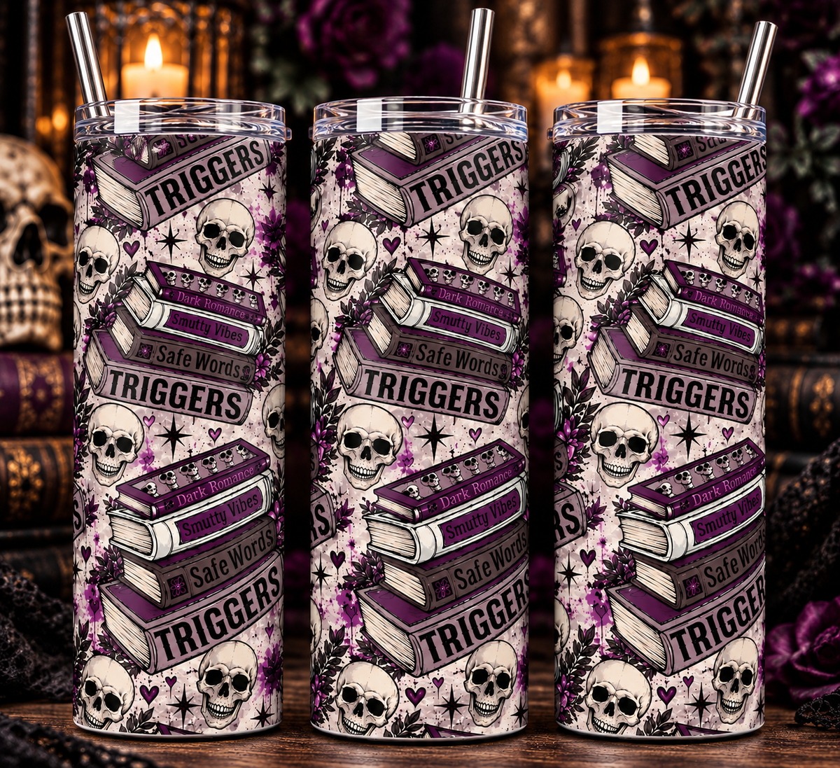 Dark Romance Triggers & Skulls Tumbler | 20 oz Bookish Cup