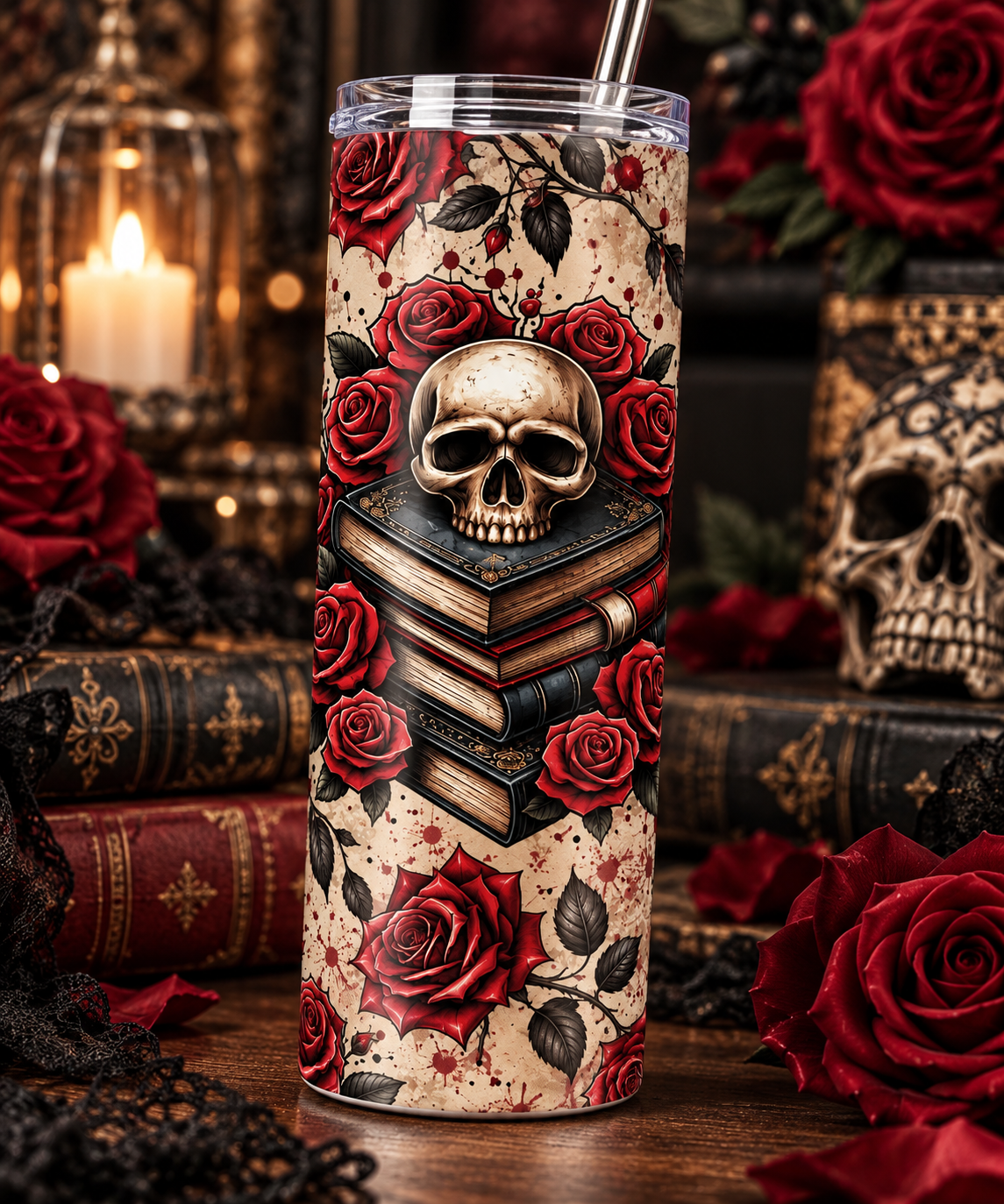 Gothic Skull & Roses Tumbler | 20 oz Dark Academia Book Lover Cup