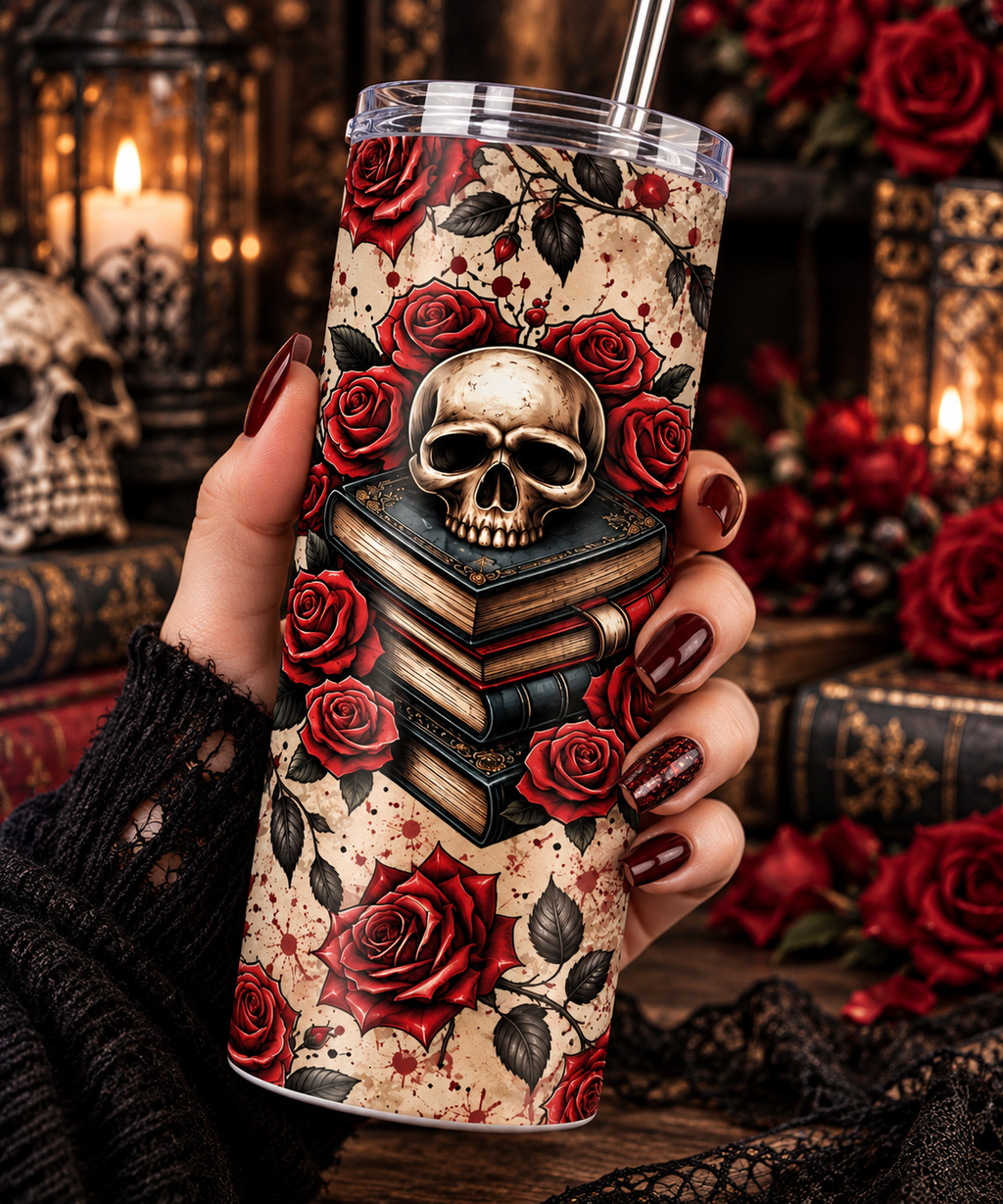 Gothic Skull & Roses Tumbler | 20 oz Dark Academia Book Lover Cup