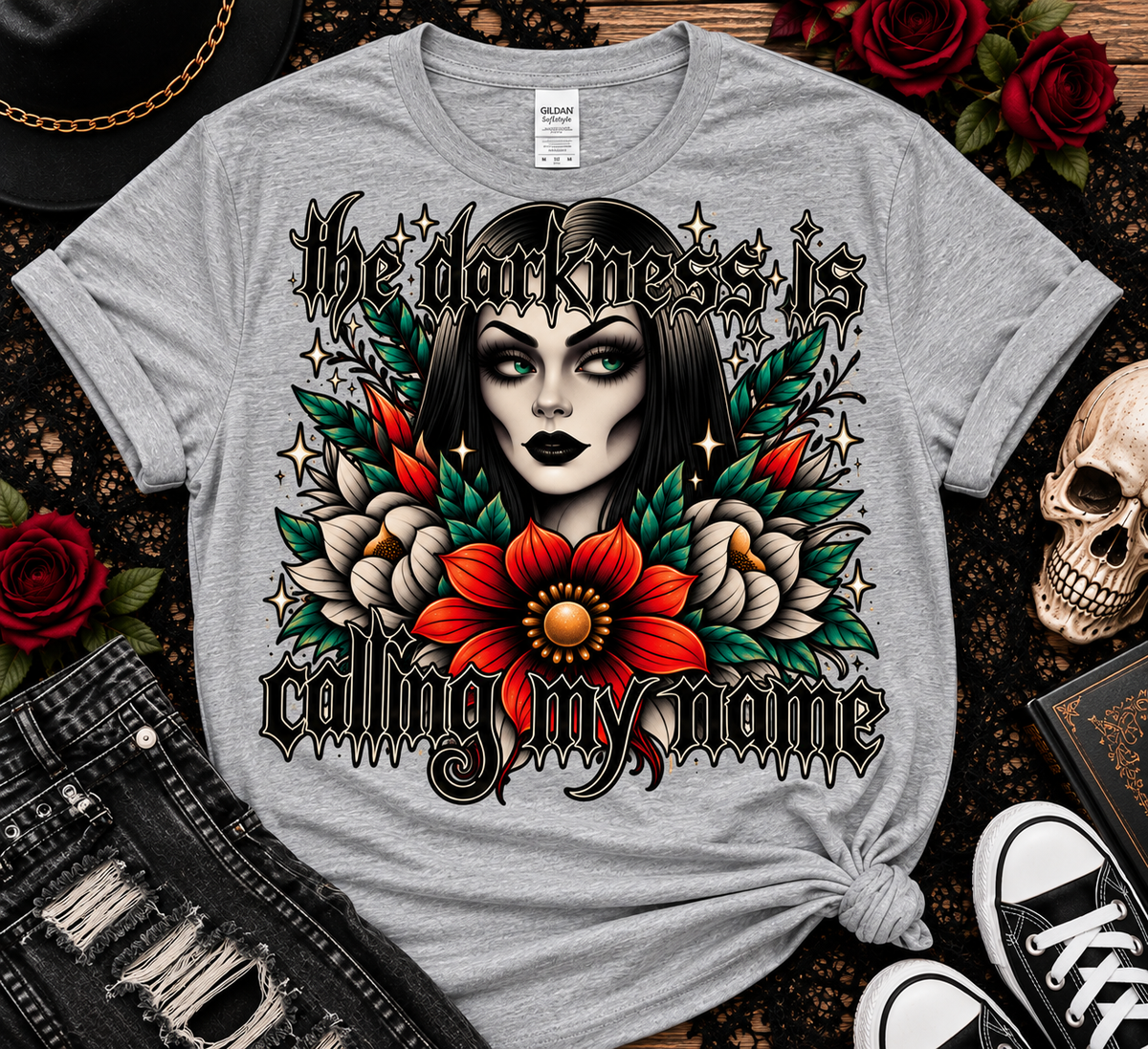 The Darkness Is Calling My Name | Gothic Floral Graphic Tee