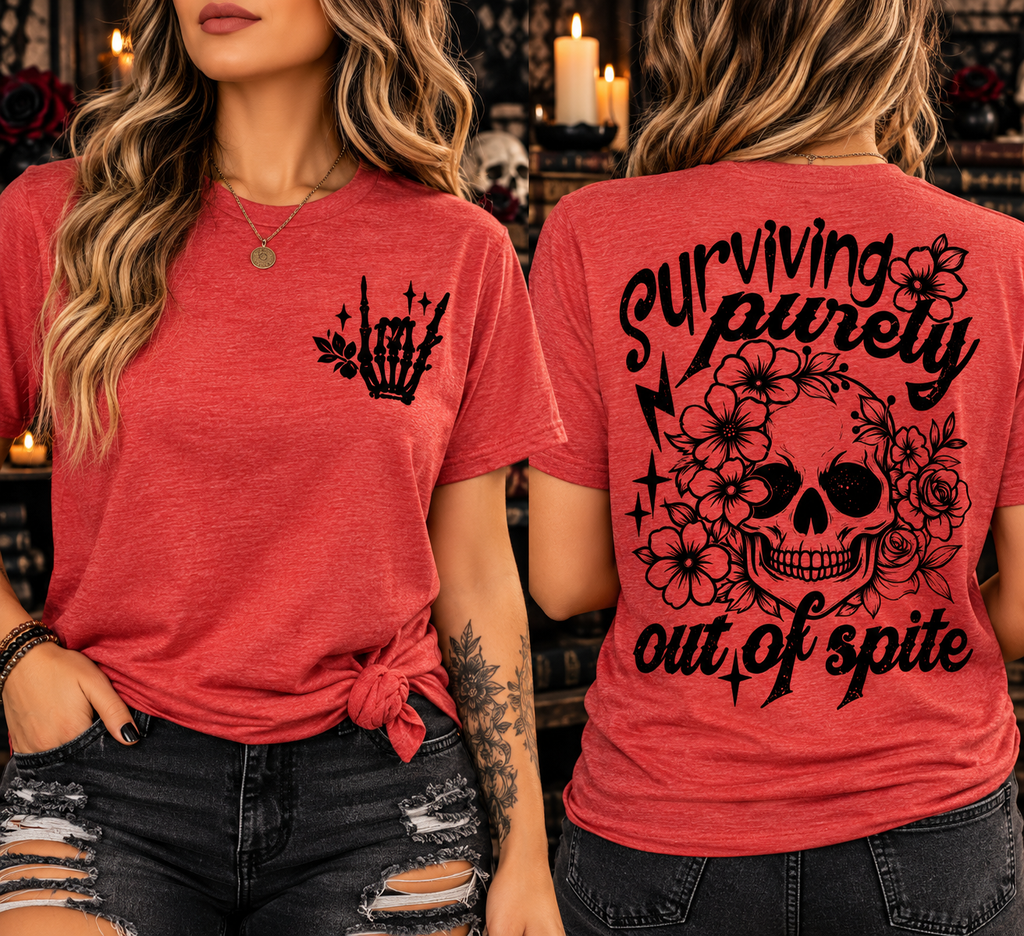 Surviving Purely Out of Spite Graphic Tee | Gothic Floral Skull Shirt