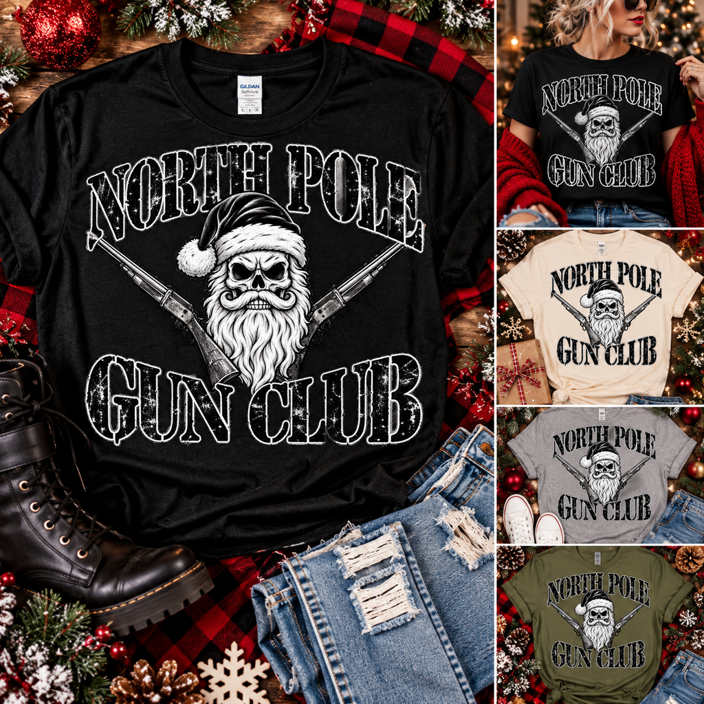 North Pole Gun Club | Skull Santa Christmas Graphic Tee