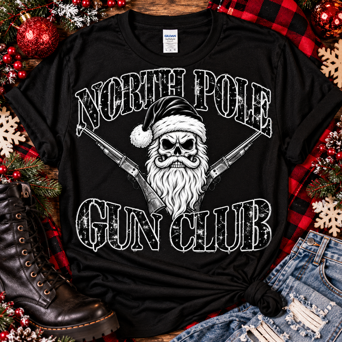 North Pole Gun Club | Skull Santa Christmas Graphic Tee