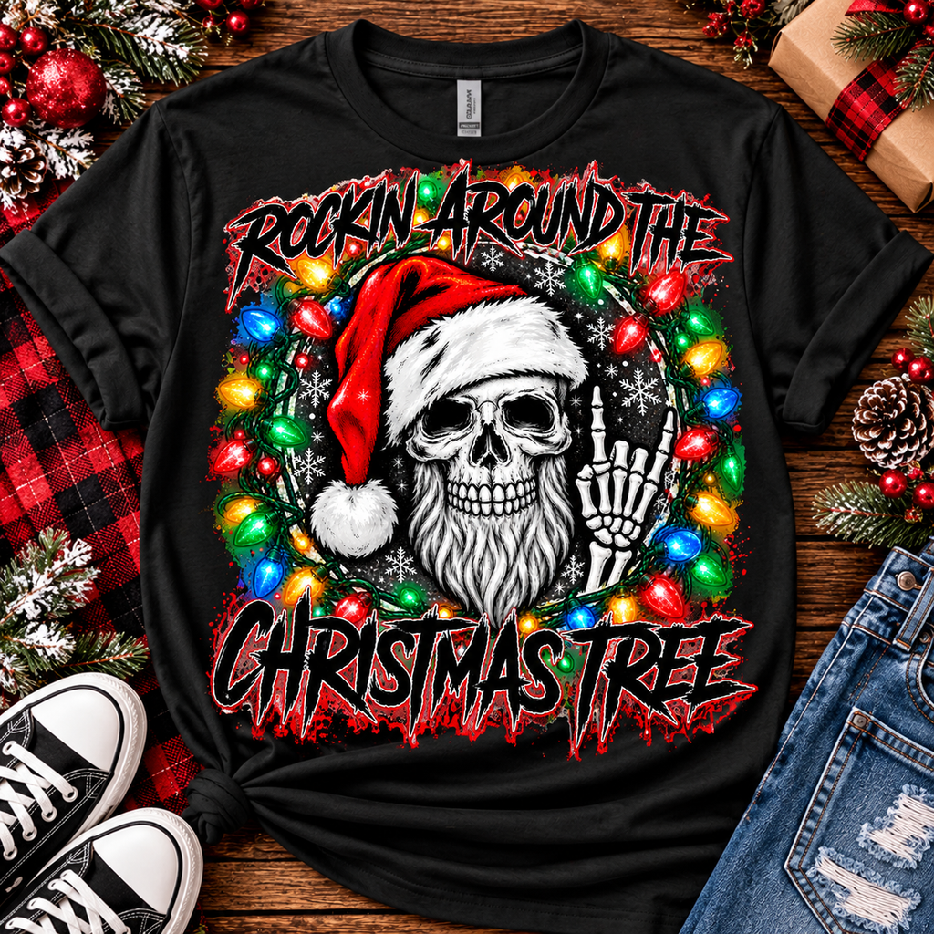 Rockin' Around the Christmas Tree | Gothic Skeleton Santa Graphic Tee
