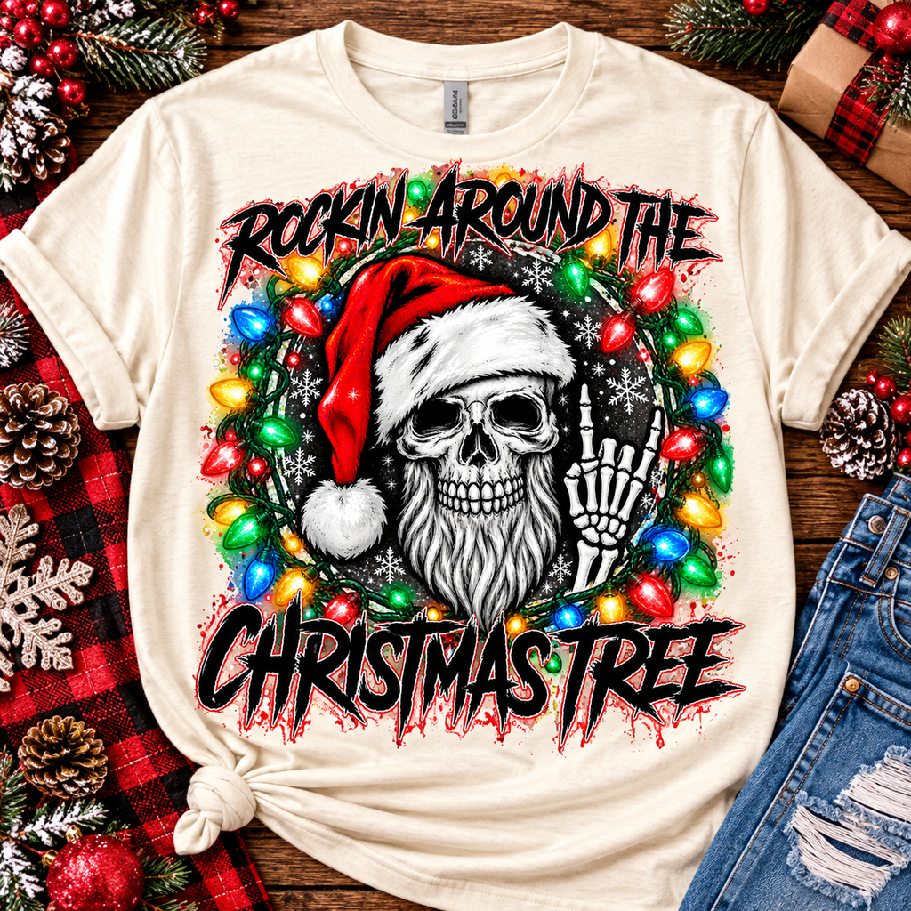 Rockin' Around the Christmas Tree | Gothic Skeleton Santa Graphic Tee
