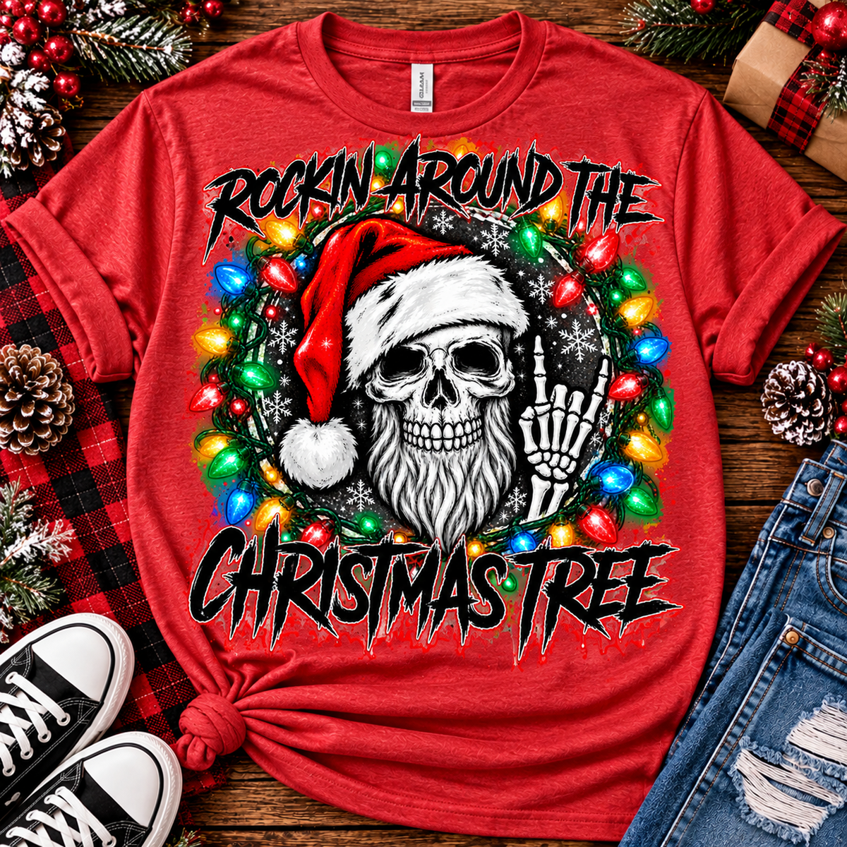 Rockin' Around the Christmas Tree | Gothic Skeleton Santa Graphic Tee