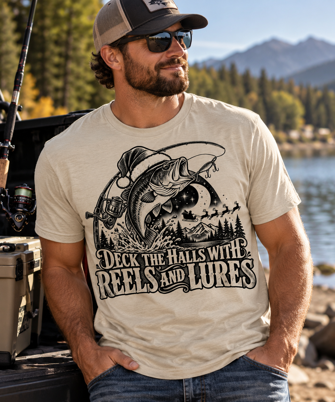 Deck the Halls With Reels and Lures Fishing Christmas Tee