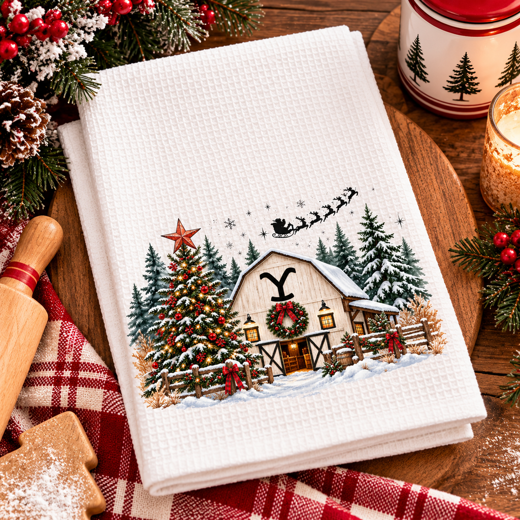 Rustic Christmas Ranch Kitchen Towel | Western Farmhouse Holiday Decor