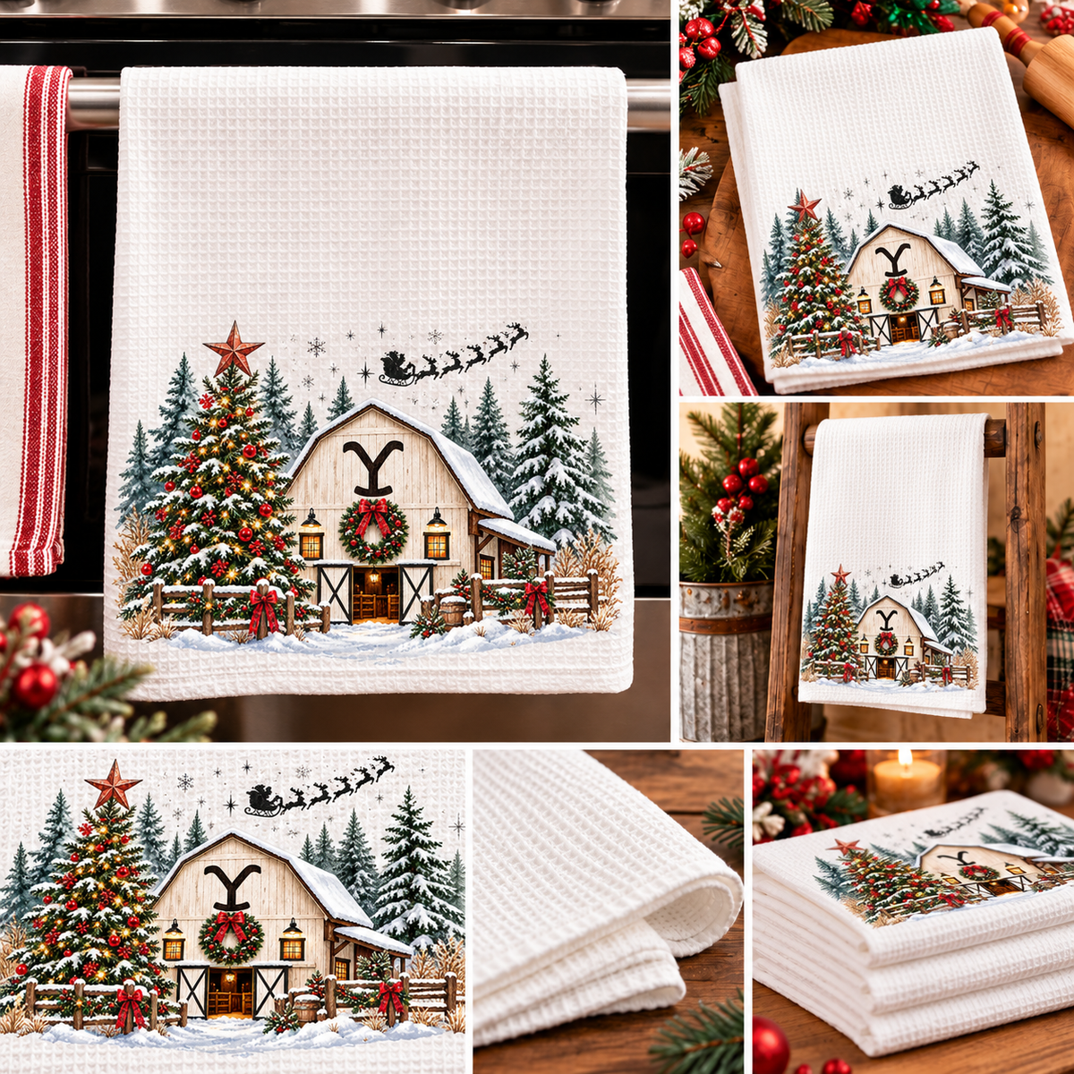 Rustic Christmas Ranch Kitchen Towel | Western Farmhouse Holiday Decor