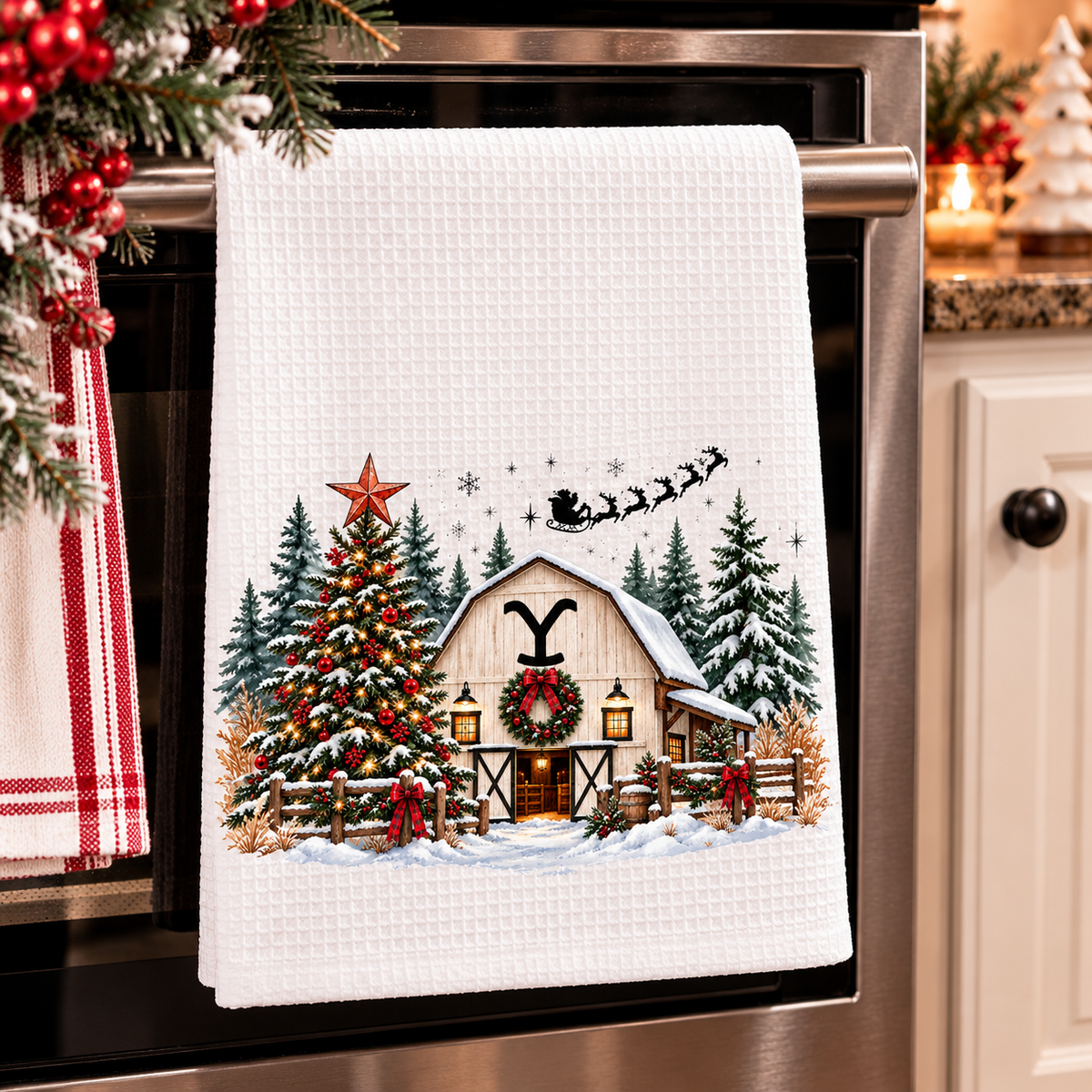 Rustic Christmas Ranch Kitchen Towel | Western Farmhouse Holiday Decor