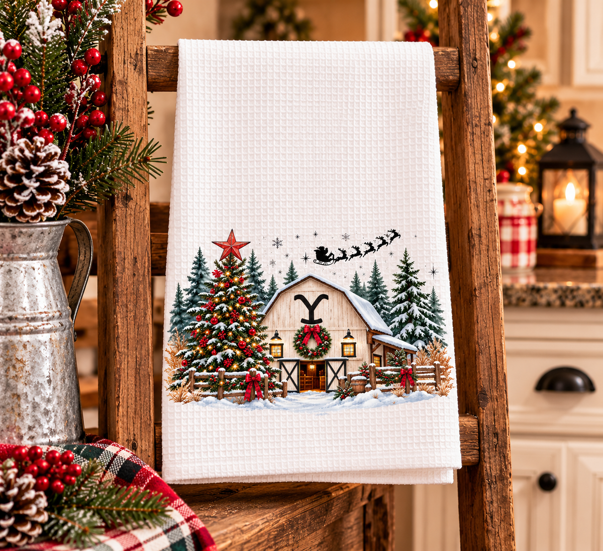 Rustic Christmas Ranch Kitchen Towel | Western Farmhouse Holiday Decor