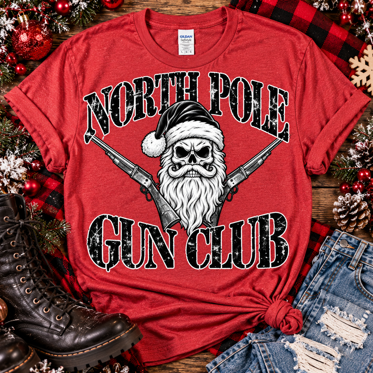 North Pole Gun Club | Skull Santa Christmas Graphic Tee