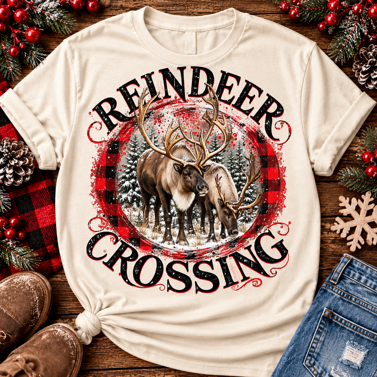 Reindeer Crossing | Rustic Christmas Graphic Tee