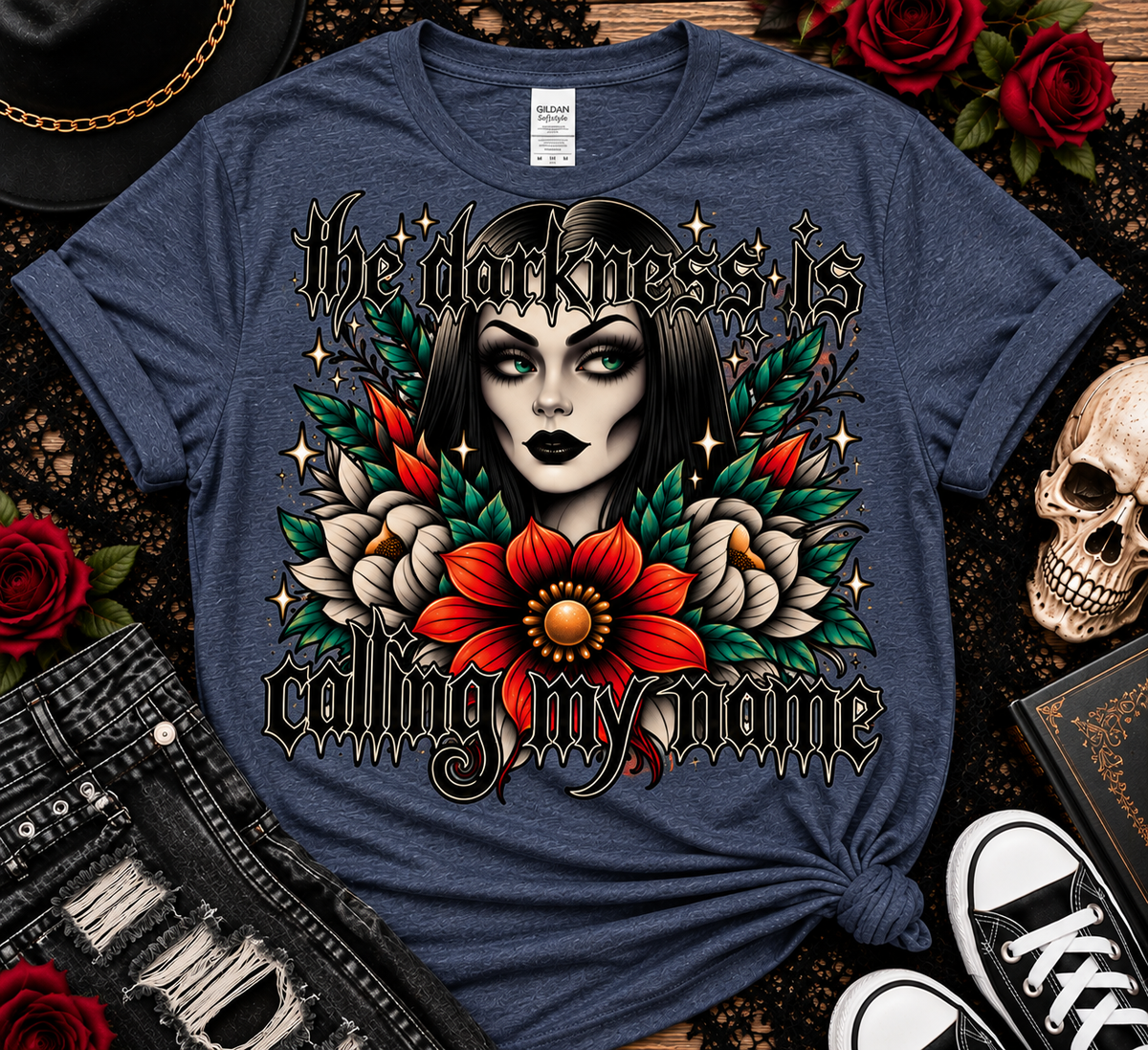 The Darkness Is Calling My Name | Gothic Floral Graphic Tee