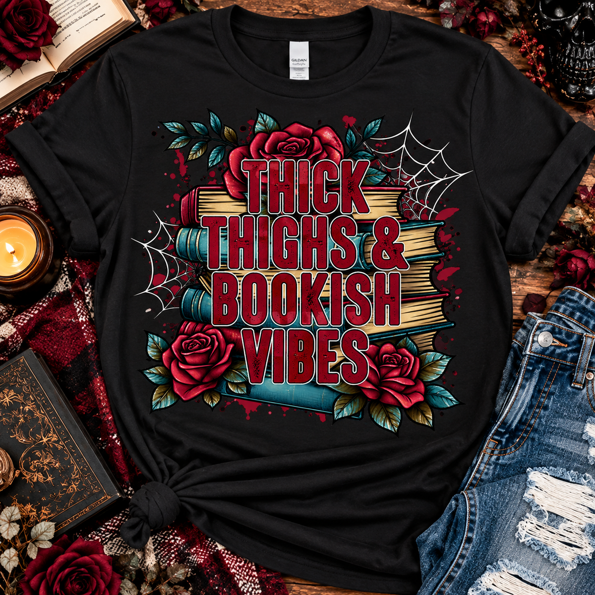 Thick Thighs & Bookish Vibes | Gothic Book Lover Graphic Tee
